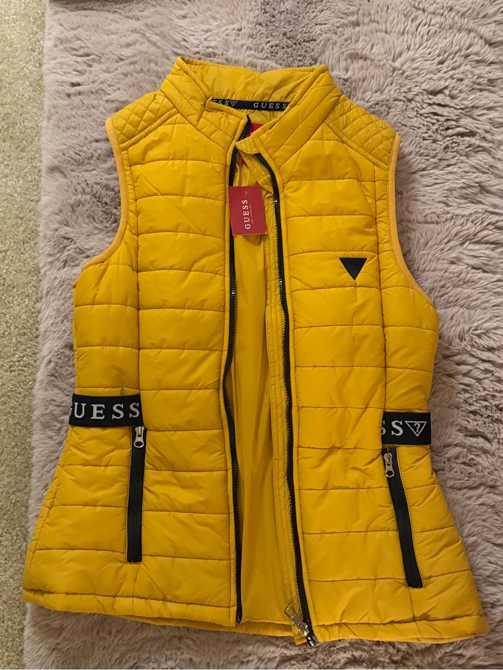 GUESS Women's Bright Yellow Quilted Sleeveless Vest with Logo Band